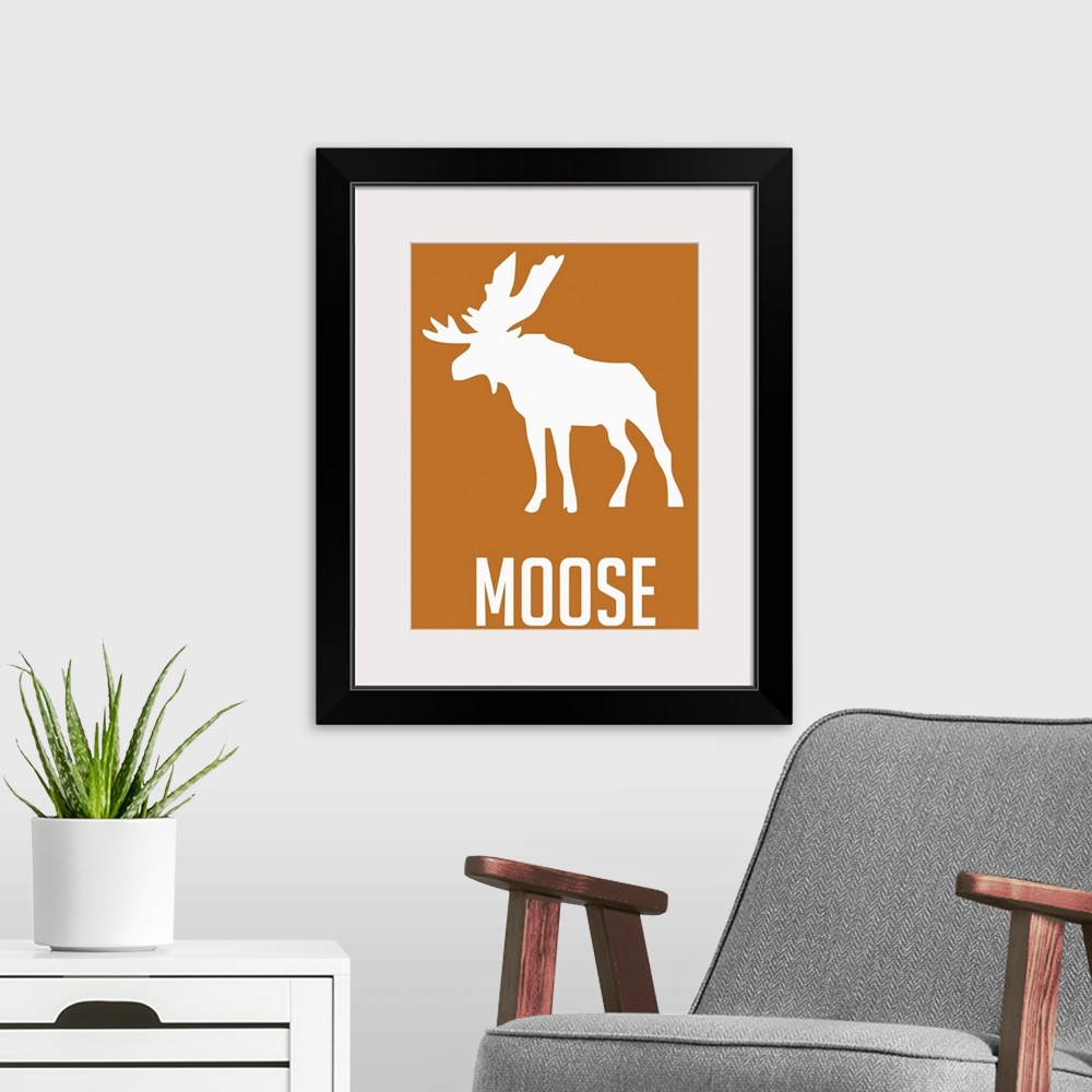A modern room featuring Minimalist Wildlife Poster - Moose - White