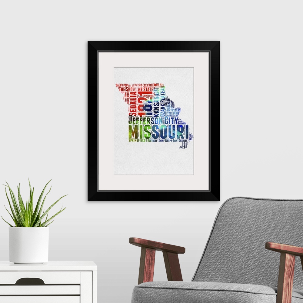 A modern room featuring Watercolor typography art map of the US state Missouri.