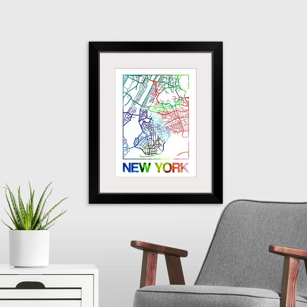 A modern room featuring Colorful map of the streets of New York City, New York.