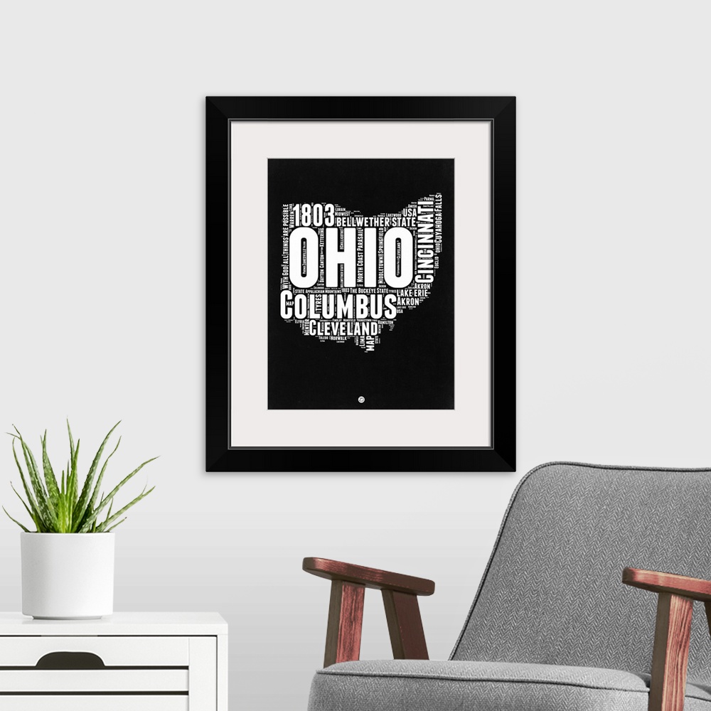 A modern room featuring Typography art map of the US state Ohio.