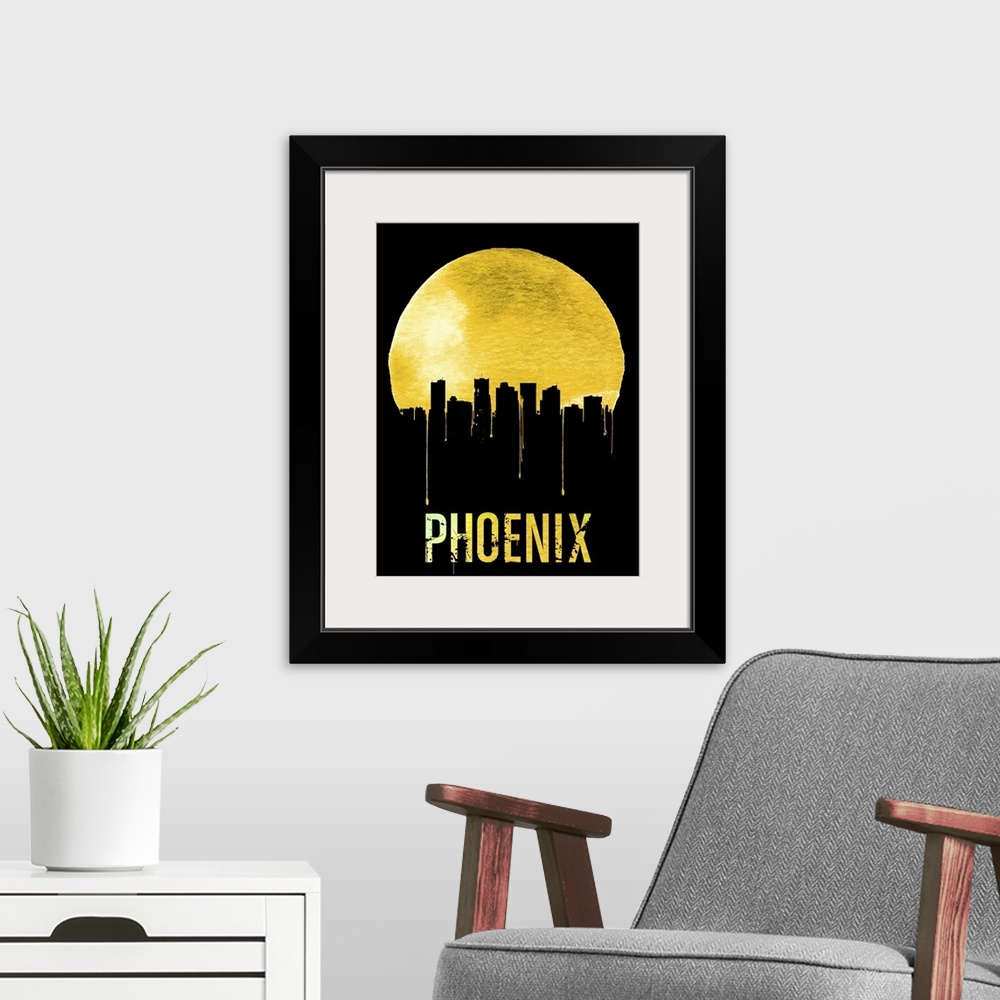 A modern room featuring Contemporary watercolor artwork of the Phoenix city skyline, in silhouette.
