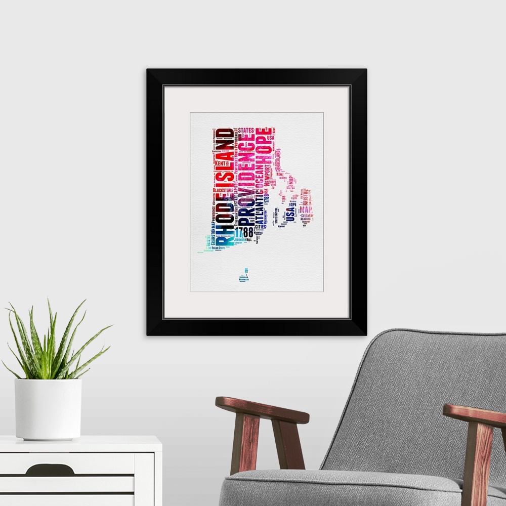 A modern room featuring Watercolor typography art map of the US state Rhode Island.