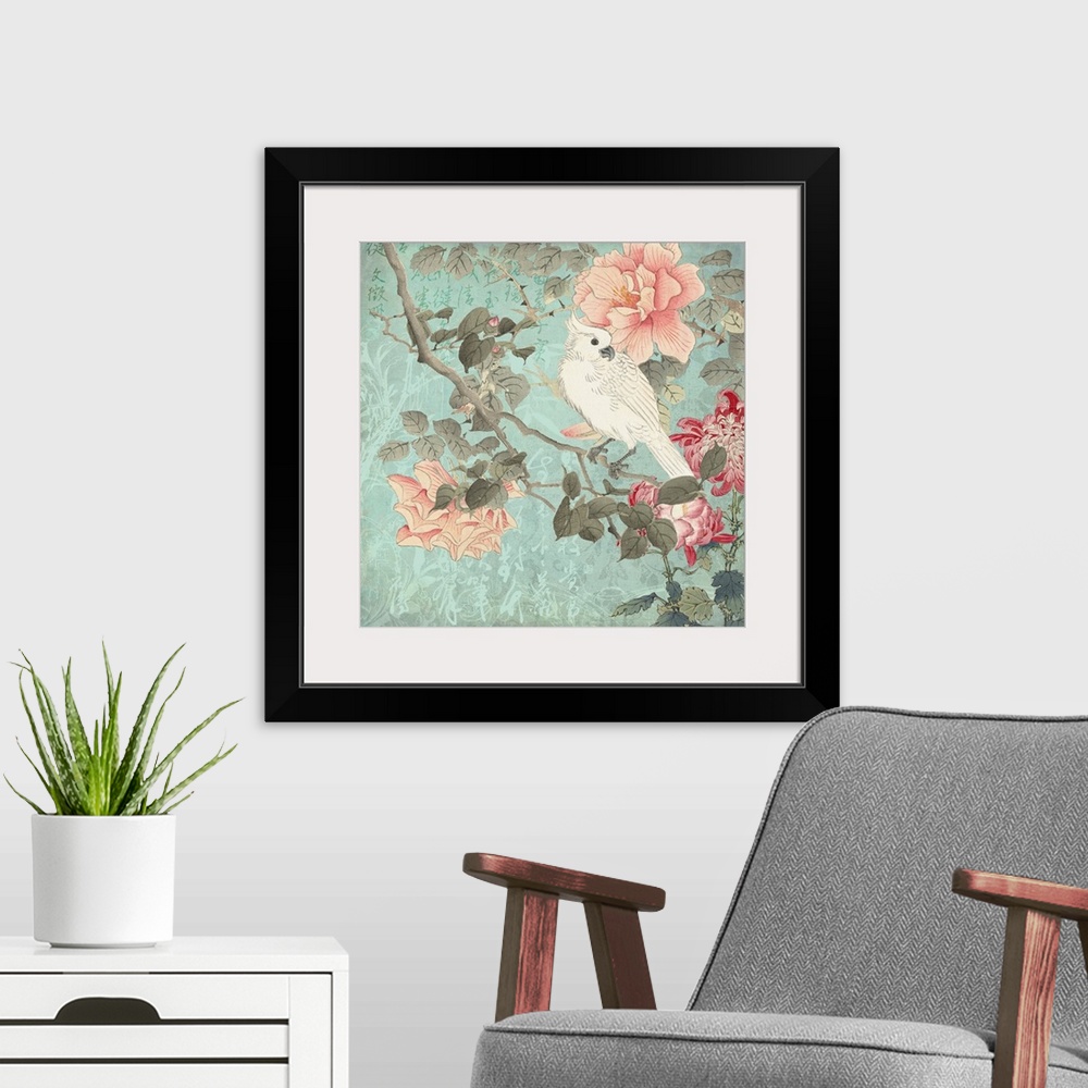 A modern room featuring Chinoiserie art with chinese calligraphy, flowers, and cockatoo bird in pastel colors.