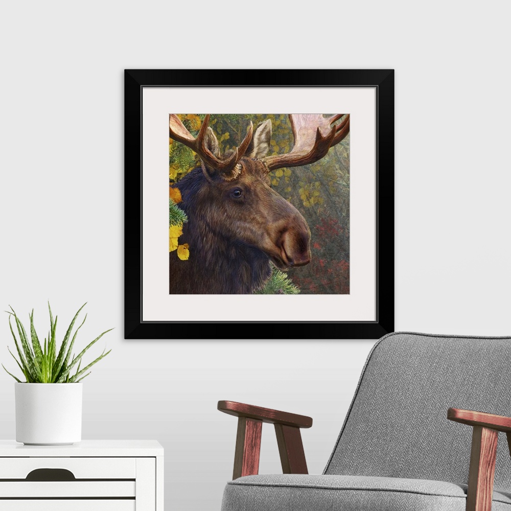 A modern room featuring Contemporary artwork of a moose standing under cover of trees.