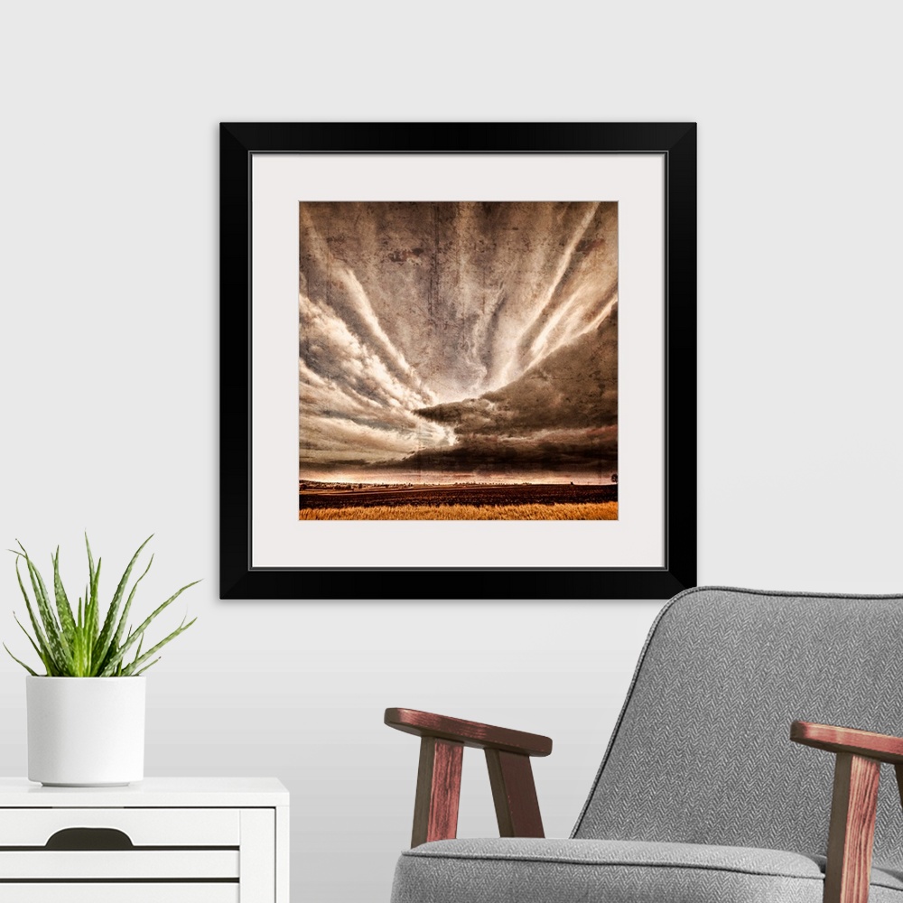 A modern room featuring Photo of a stormy sky with photo texture