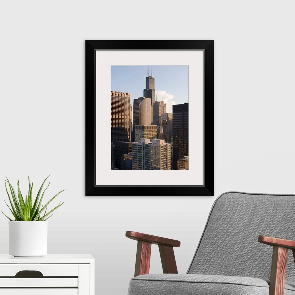 A modern room featuring Skyscrapers in a city, Sears Tower, Chicago, Illinois,