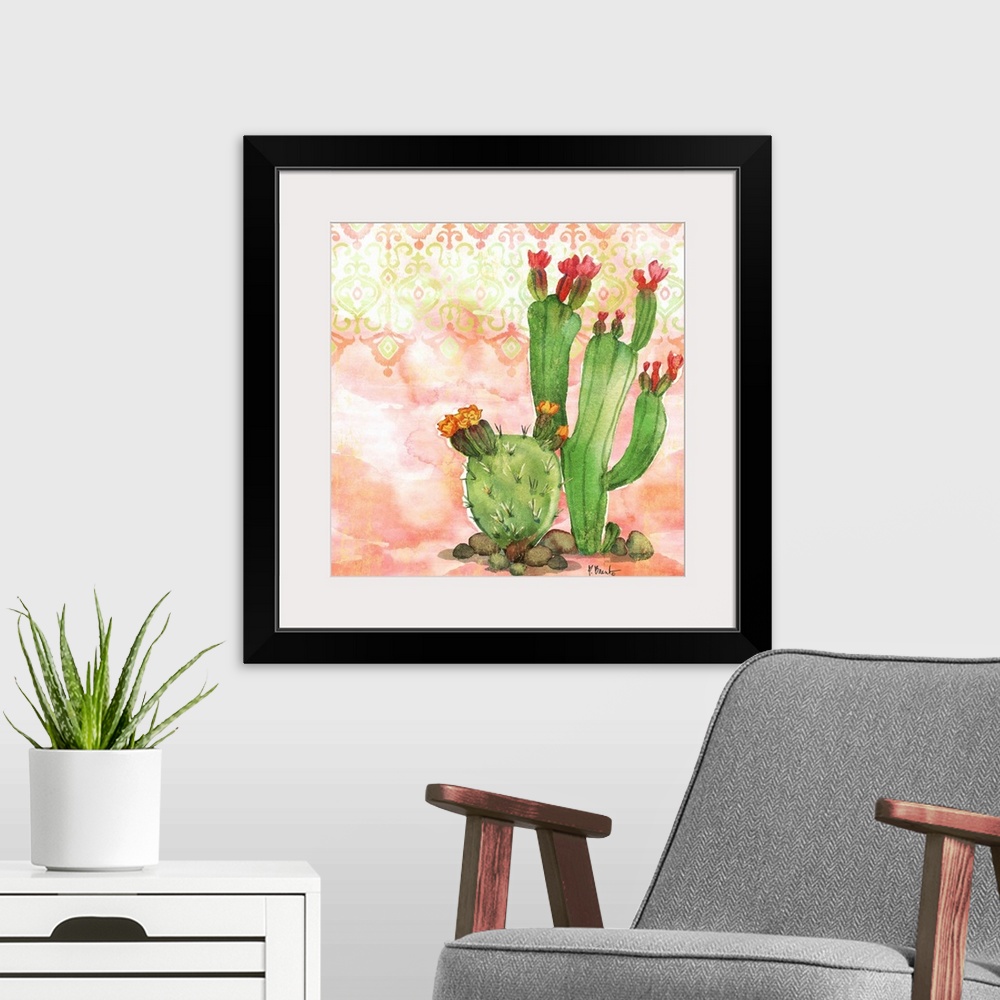 A modern room featuring Square watercolor painting of cacti on a light coral and green patterned background.