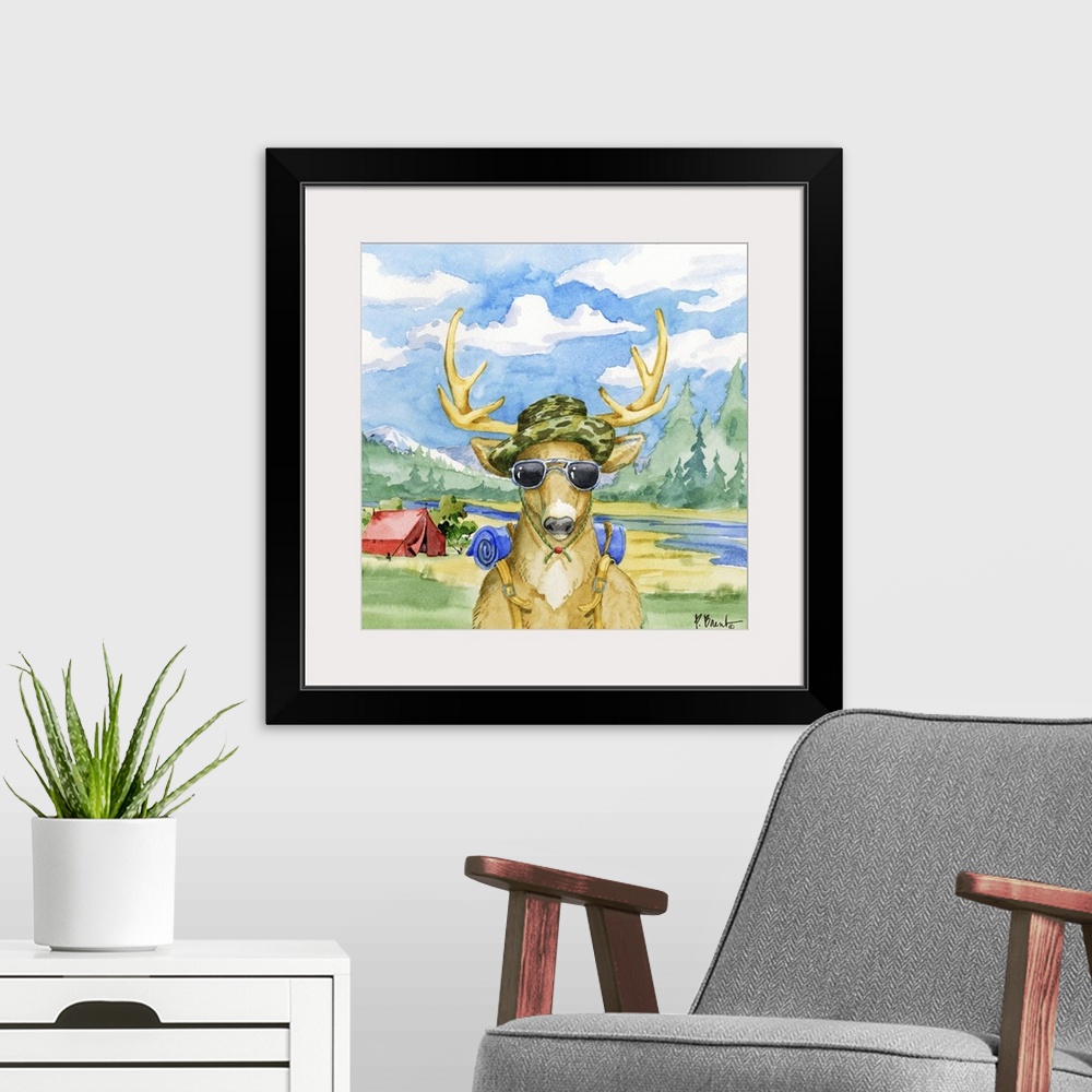 A modern room featuring Square watercolor painting of a deer with camping gear outside in the wilderness.