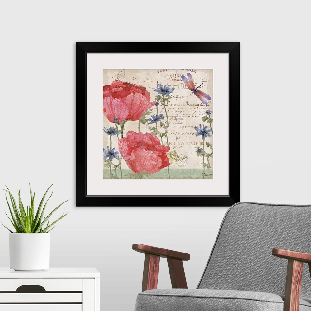 A modern room featuring Decorative mixed media panel featuring two peony blooms, a vintage letter, and a dragonfly.