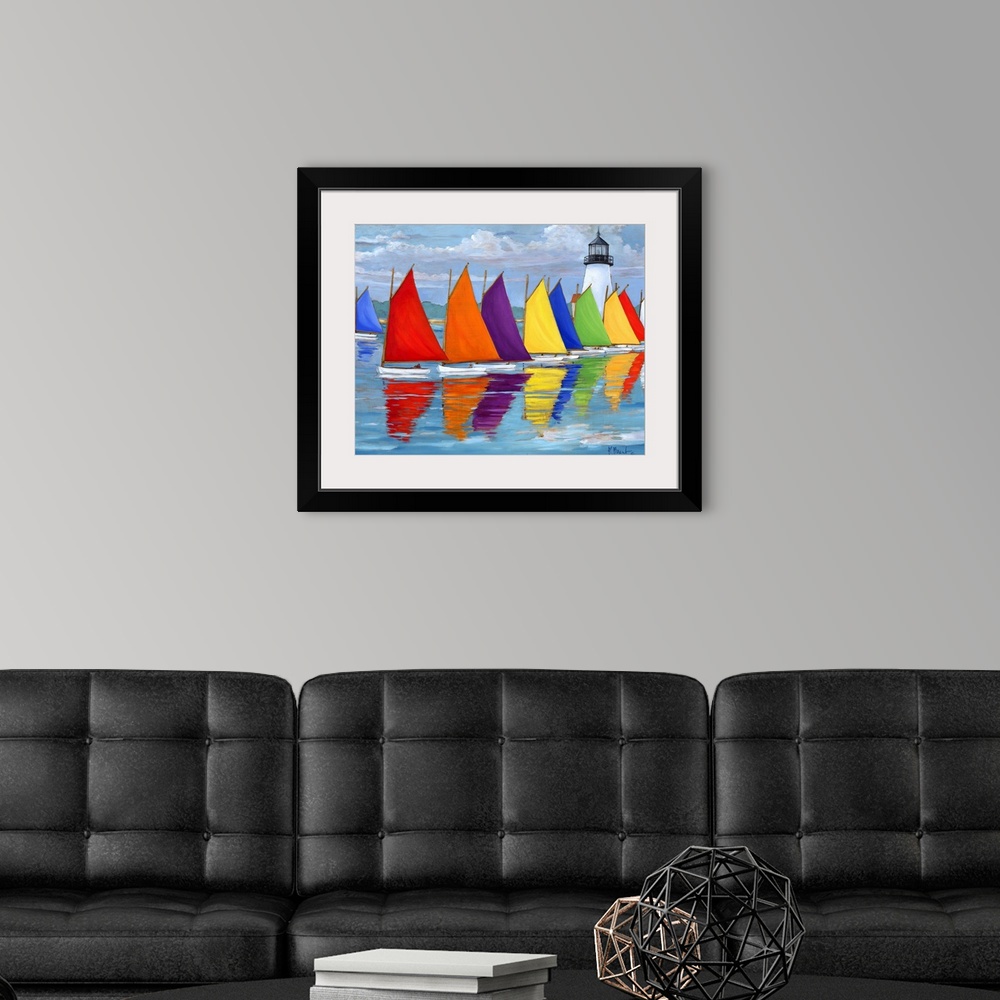 A modern room featuring Contemporary painting of a row of multi-colored sailboats on the water, near a lighthouse.