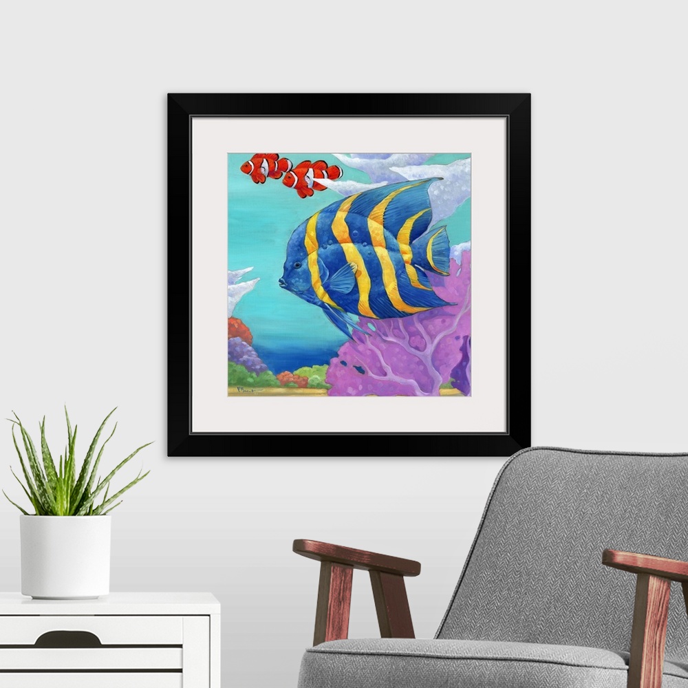A modern room featuring Contemporary painting of a tropical fish swimming in the ocean near coral.