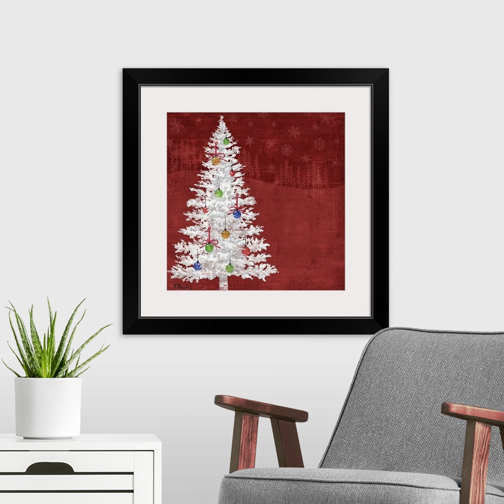 A modern room featuring Artwork of a white tree decorated with Christmas Ornaments on a red background.