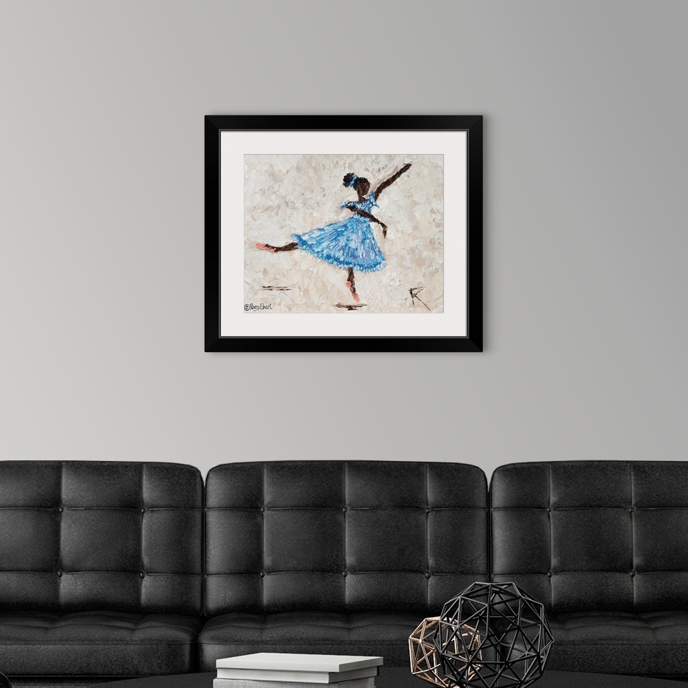 A modern room featuring horizontal abstract of a ballerina in blue artfully done in bold brush strokes.