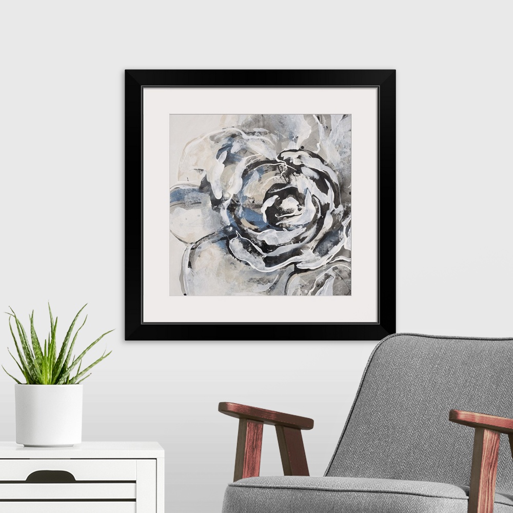 A modern room featuring Contemporary painting of a flower using pale blue, gray and white lines.