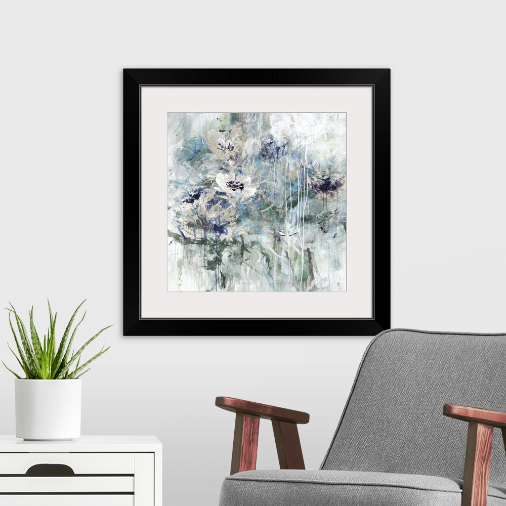 A modern room featuring Square abstract floral painting in shades of green, blue and white.