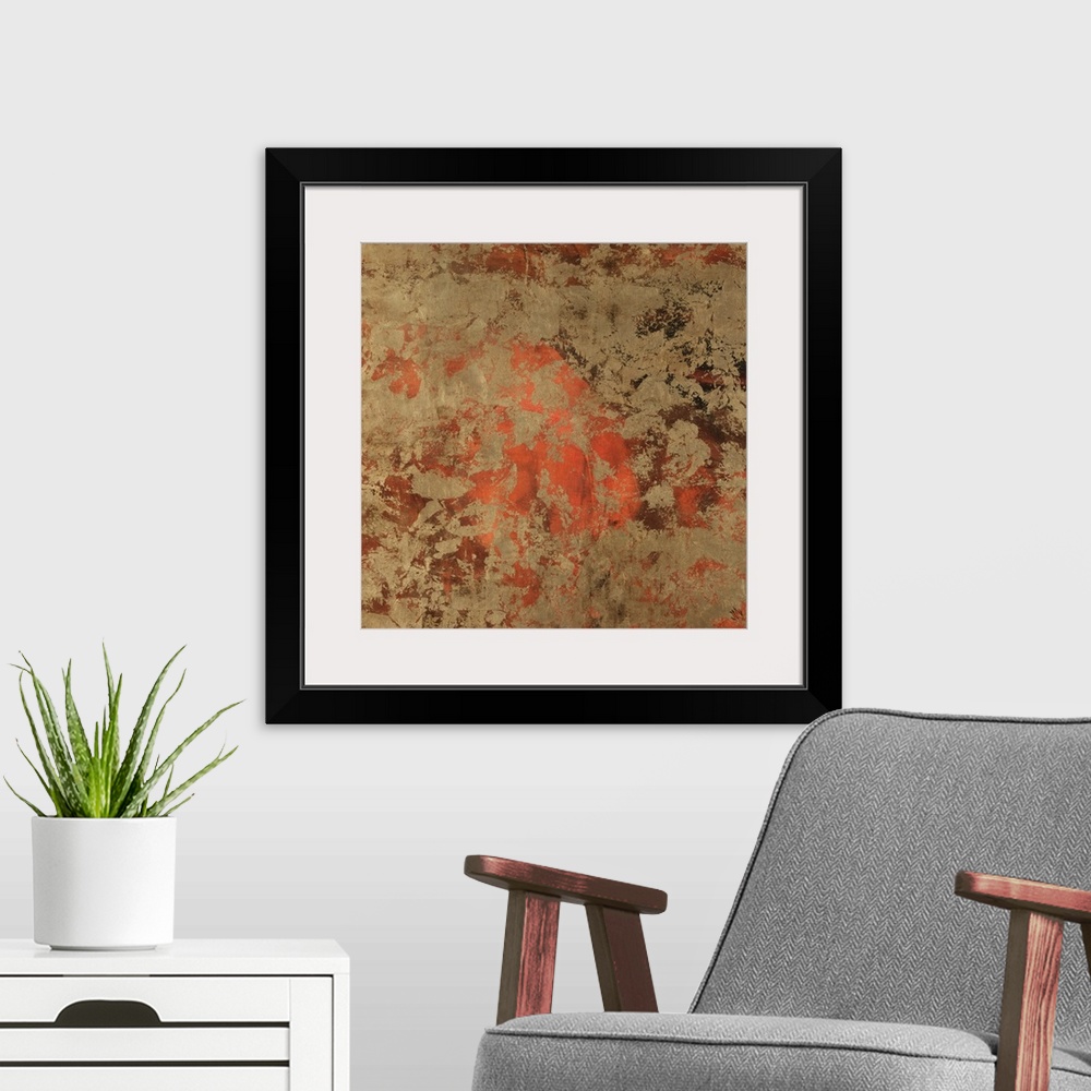 A modern room featuring This abstract artwork is part of a series of warm colored images with intricate textures.