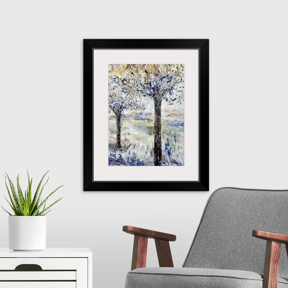 A modern room featuring Vertical contemporary painting of two trees in textured brush strokes.
