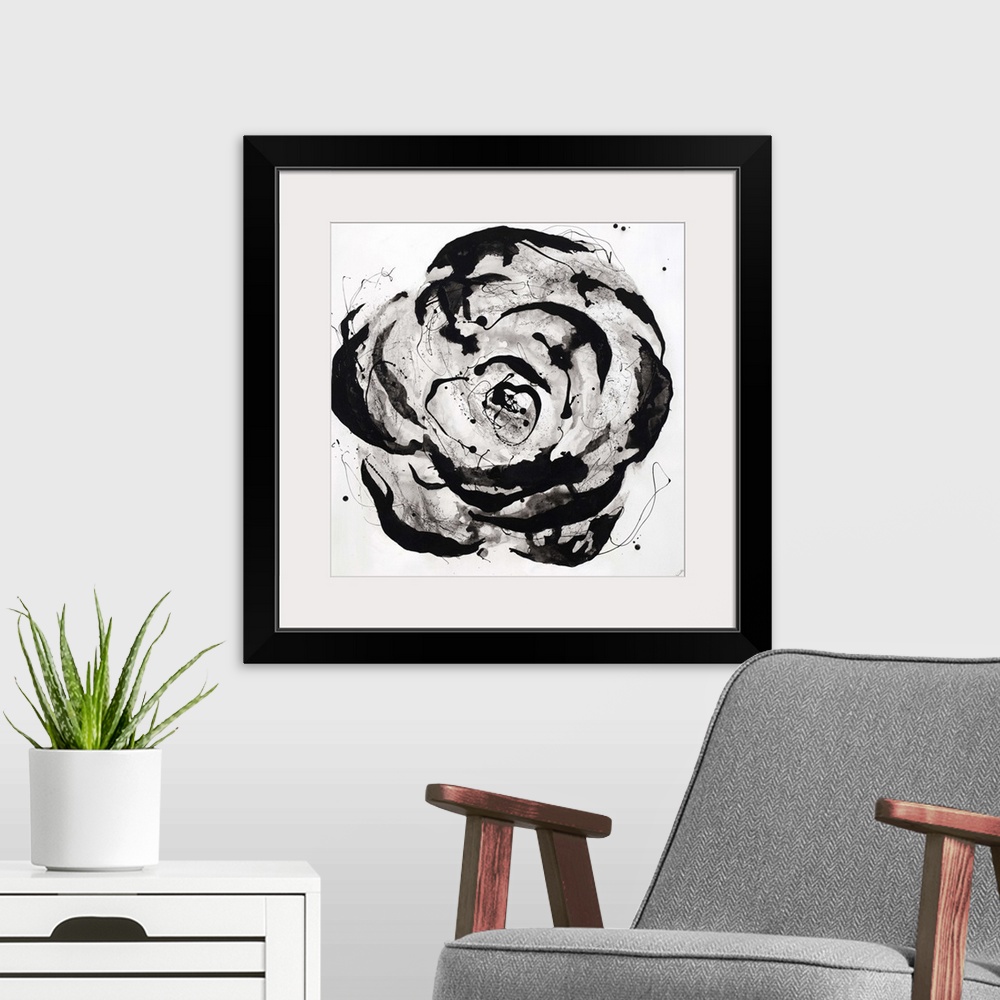 A modern room featuring Contemporary painting of a single large flower in greyscale, painted in a circular motion with va...