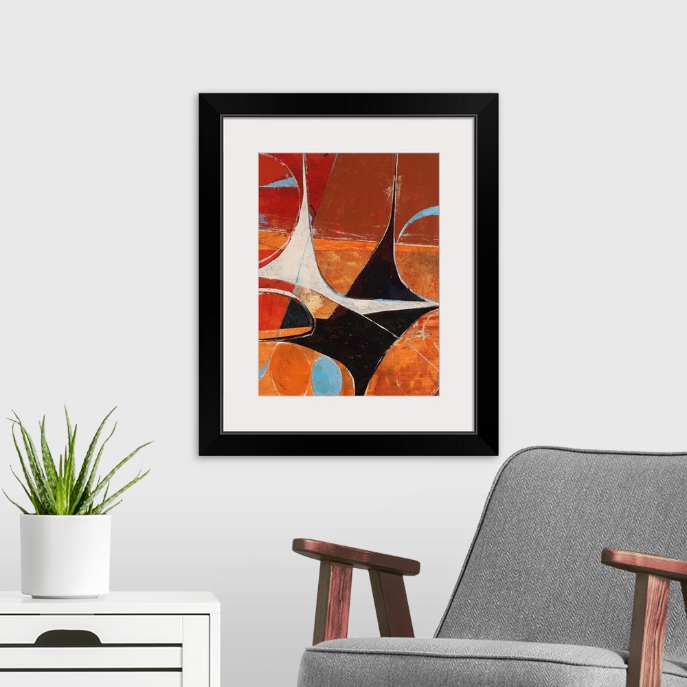 A modern room featuring Contemporary abstract painting of various shapes and colors mingling in a retro looking frenzy.