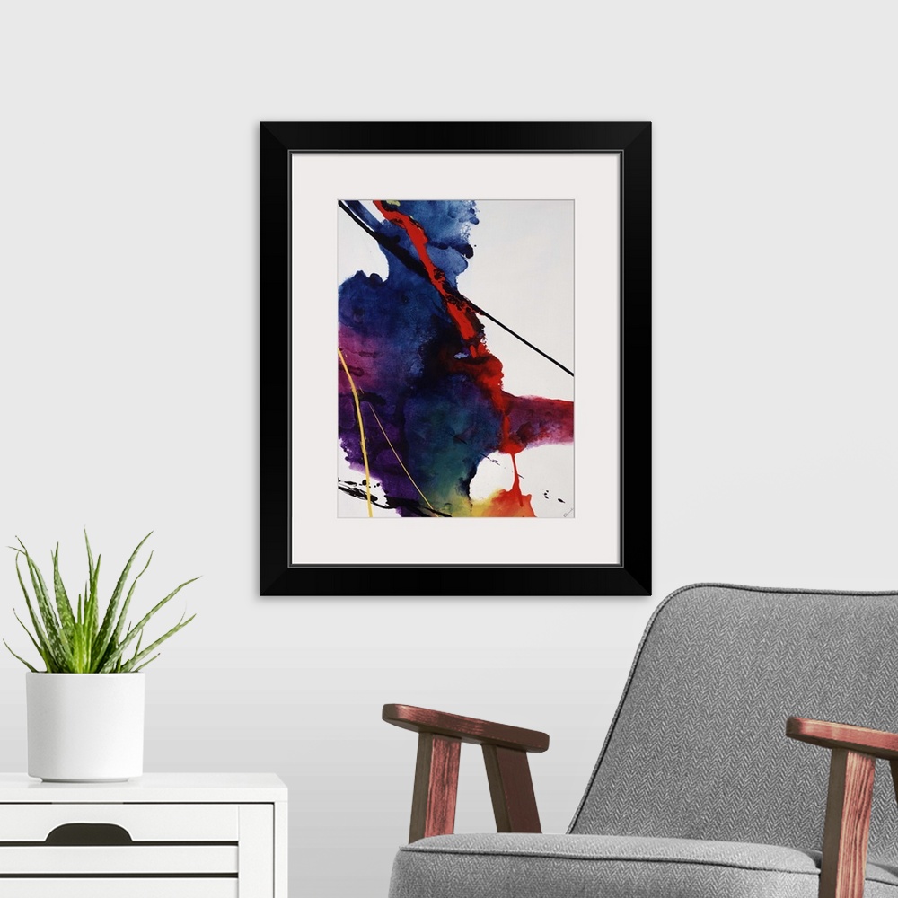 A modern room featuring Contemporary watercolor painting of a multicolored mass with thin streaks of paint over a solid n...