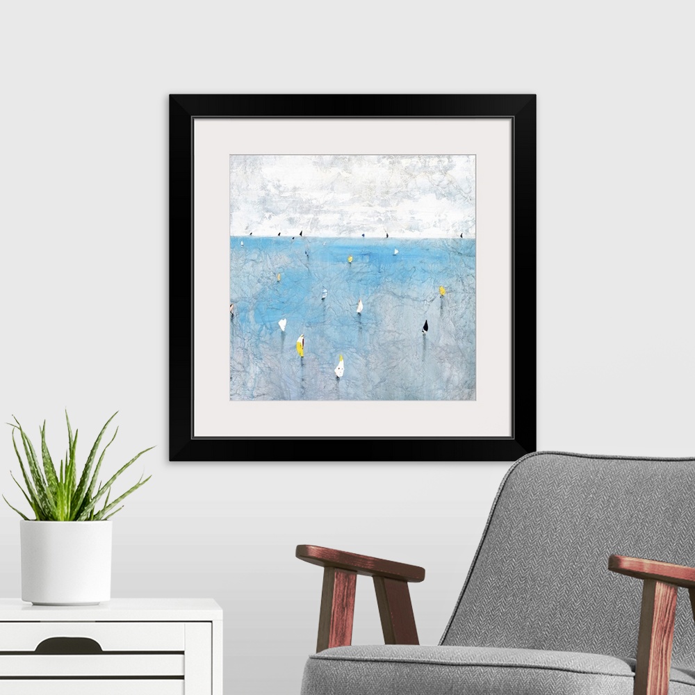 A modern room featuring Contemporary abstract painting using pale colors to make a sea filled sailboats.
