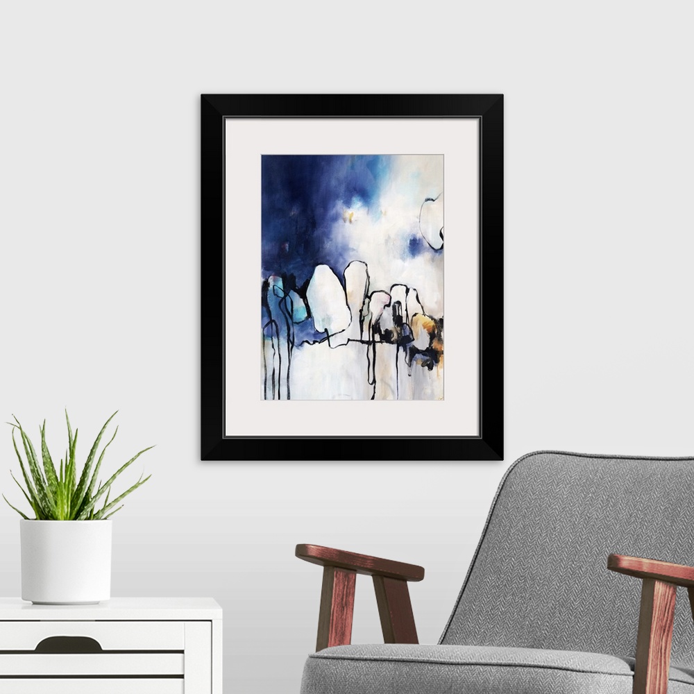 A modern room featuring Contemporary abstract painting using dark dripping blue against a neutral background with organic...