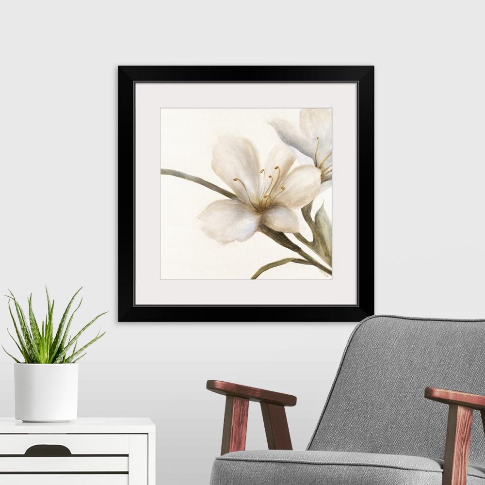 A modern room featuring Contemporary painting of a white flower on a leafy stem.