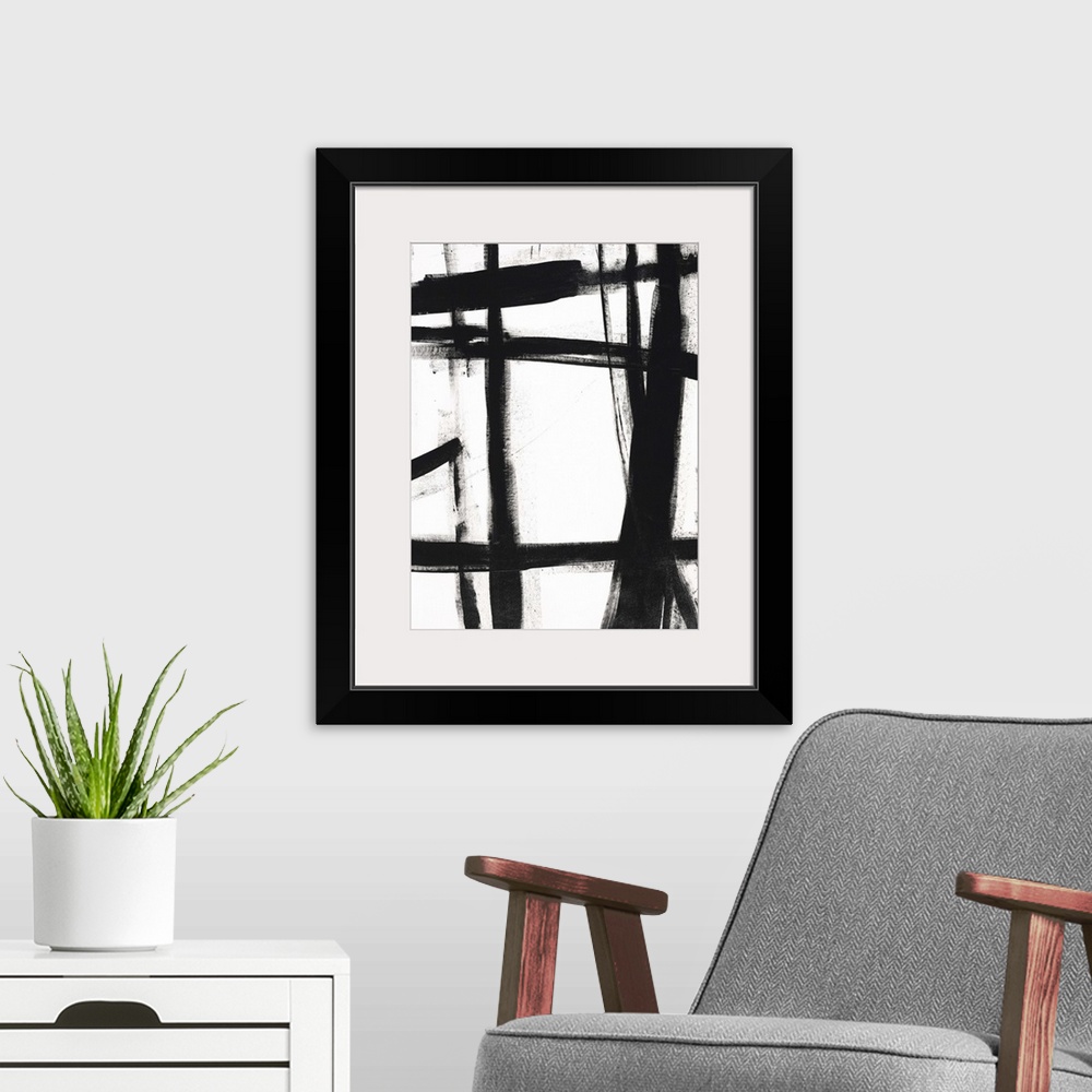 A modern room featuring Contemporary abstract painting using bold black lines against a white background.