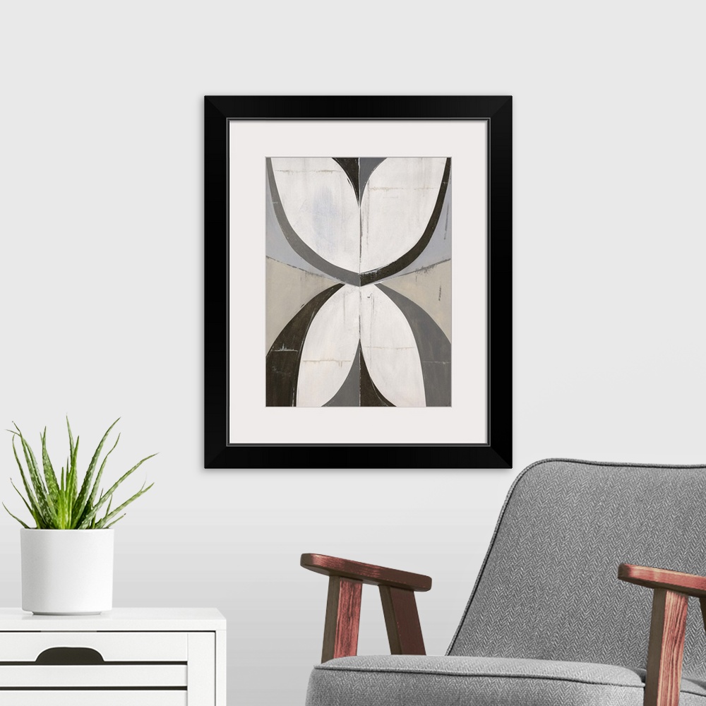 A modern room featuring Abstract painting with a mid-century feel using organic shapes in different colors to create obsc...