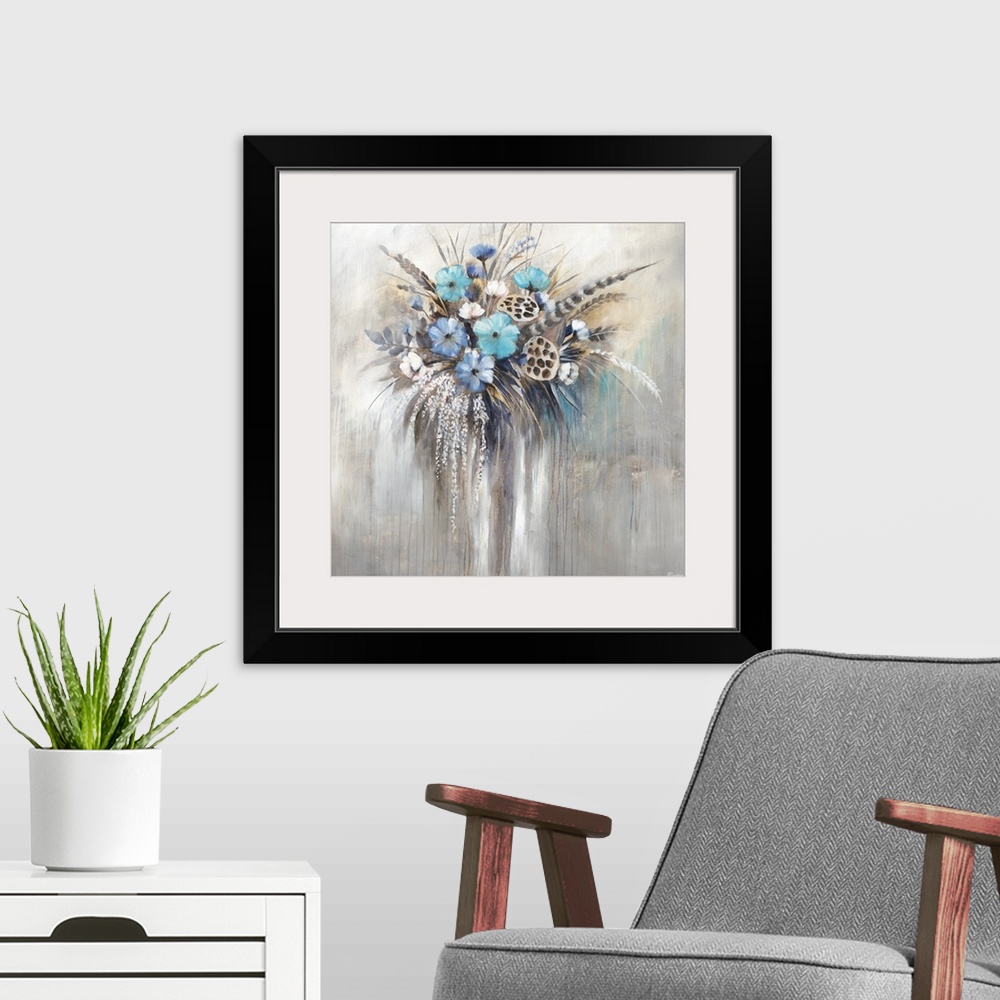 A modern room featuring Contemporary painting of an arrangement of blue flowers and long feathers.