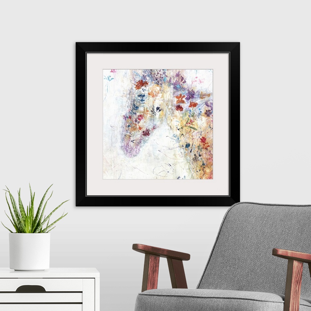 A modern room featuring Square abstract painting of a colorful horse with spring flowers on top.