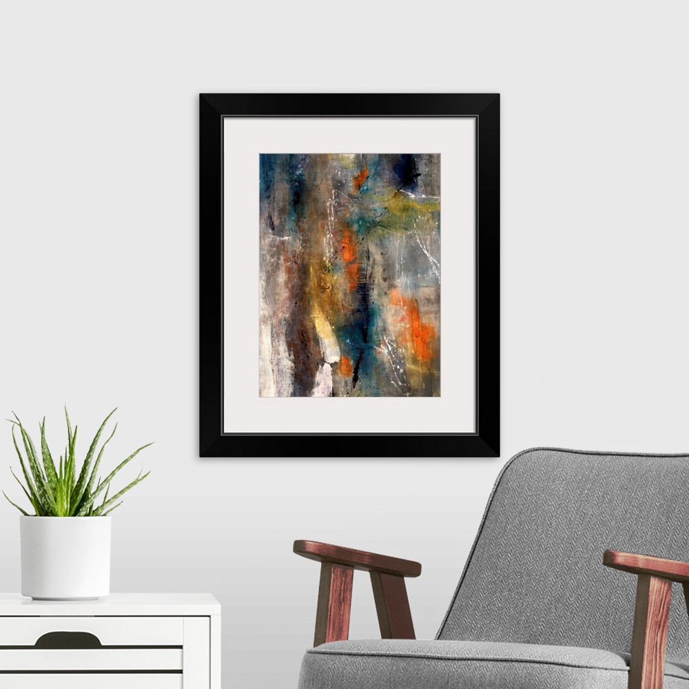 A modern room featuring Large abstract art uses a background mixture of dark tones with brief highlights of warm and ligh...