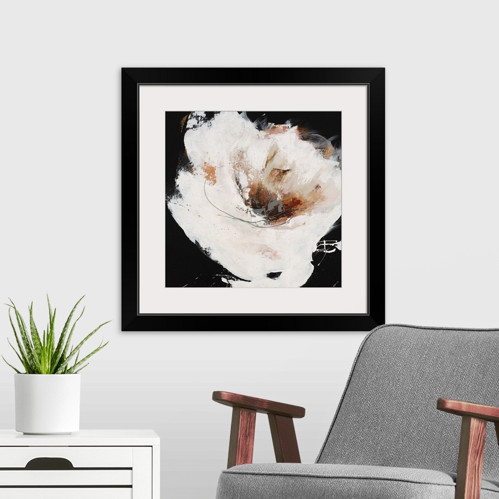 A modern room featuring Abstract painting of a large white flower with a dark center, painted with thick brushstrokes and...