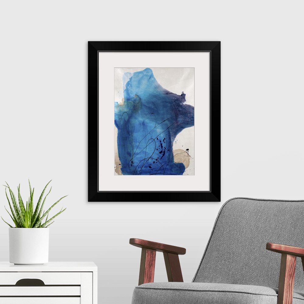 A modern room featuring Painting of a large abstract shape in cool tones with thin, swirling lines of paint that appear t...