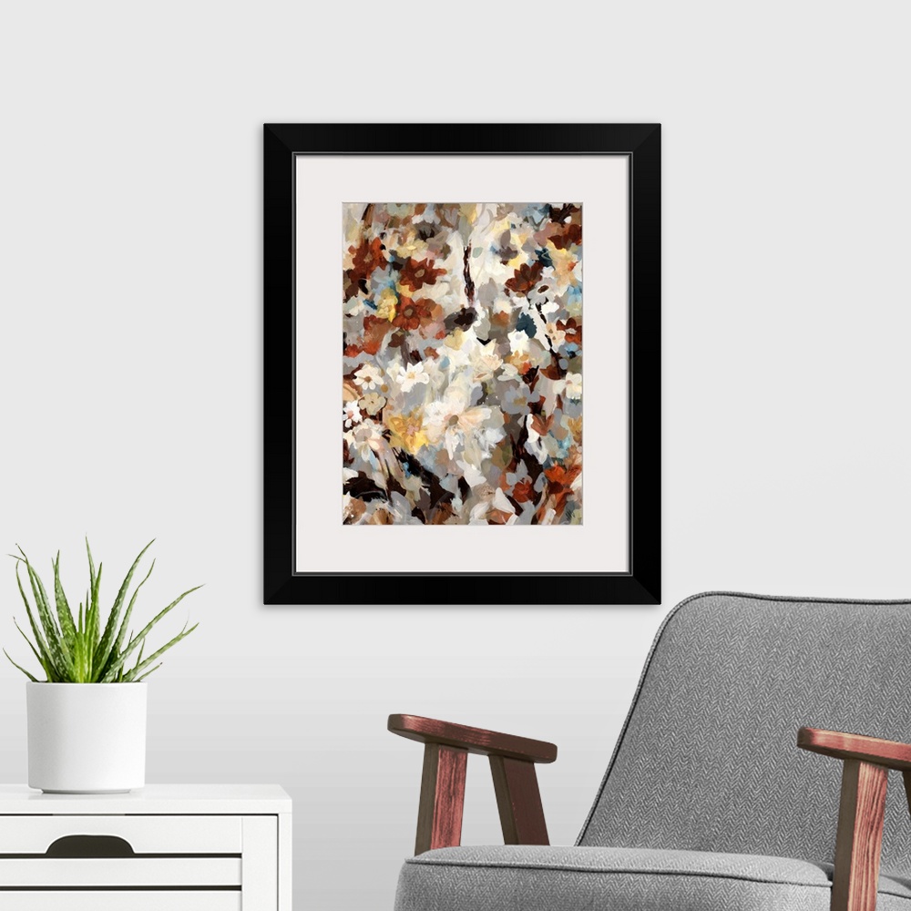 A modern room featuring Contemporary abstract painting of colorful floral collage.