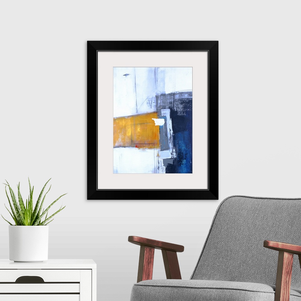A modern room featuring Contemporary abstract painting with bold shapes in dark blue and yellow on a light blue backgroun...