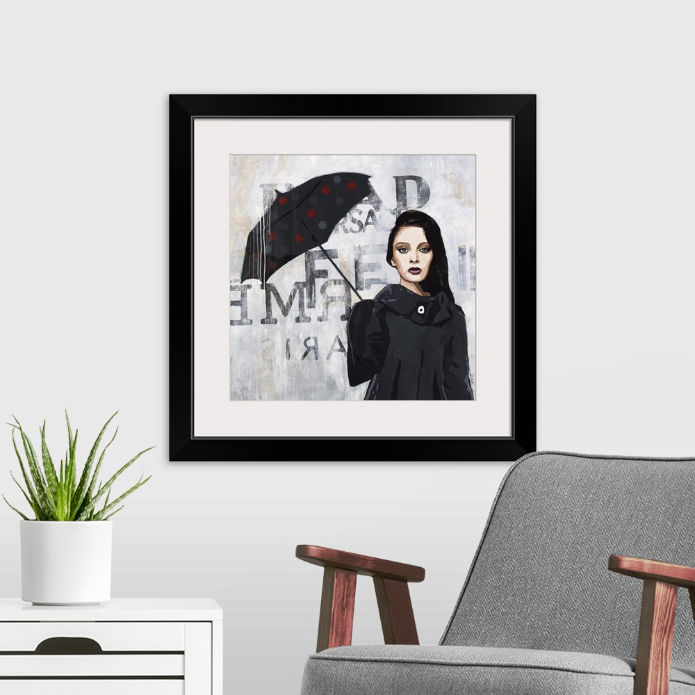 A modern room featuring Square artwork of a woman wearing a black rain coat and carrying a polka dotted umbrella with a g...
