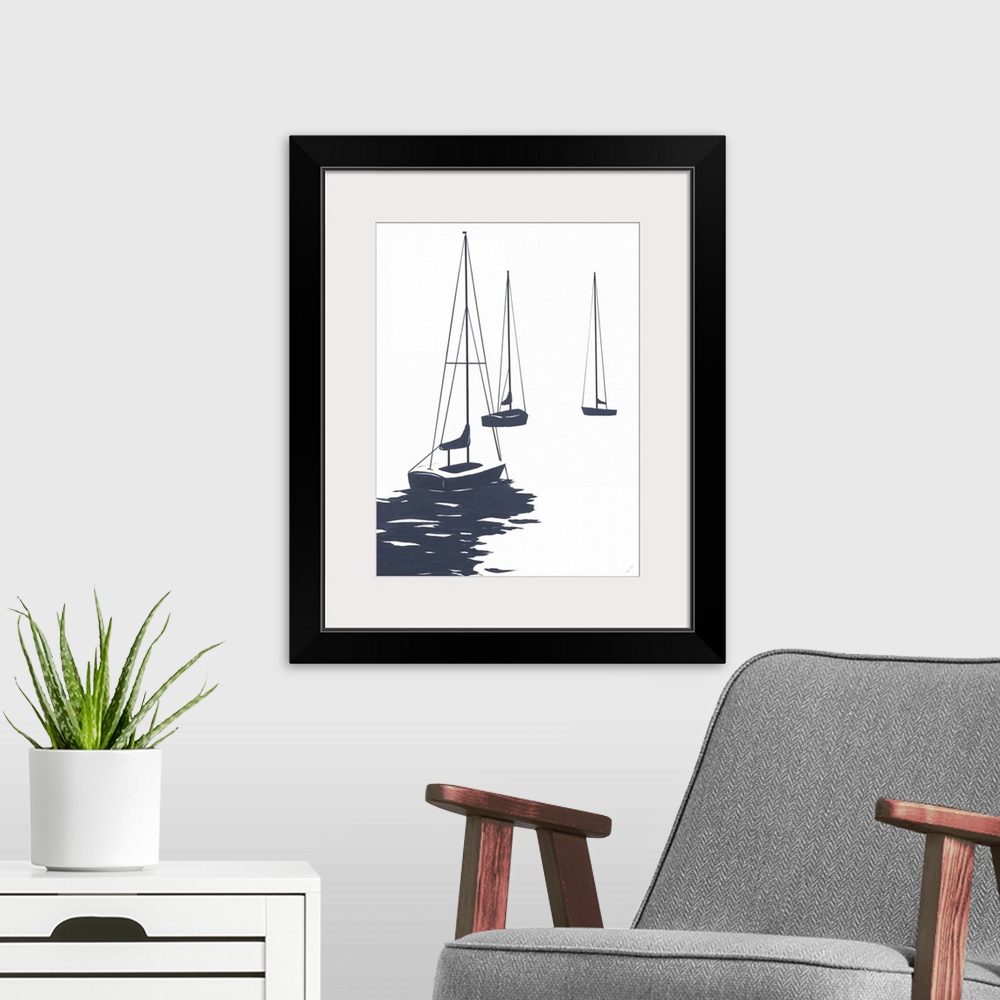 A modern room featuring A modest design in white and dark blue of a few sailboats floating in the water.