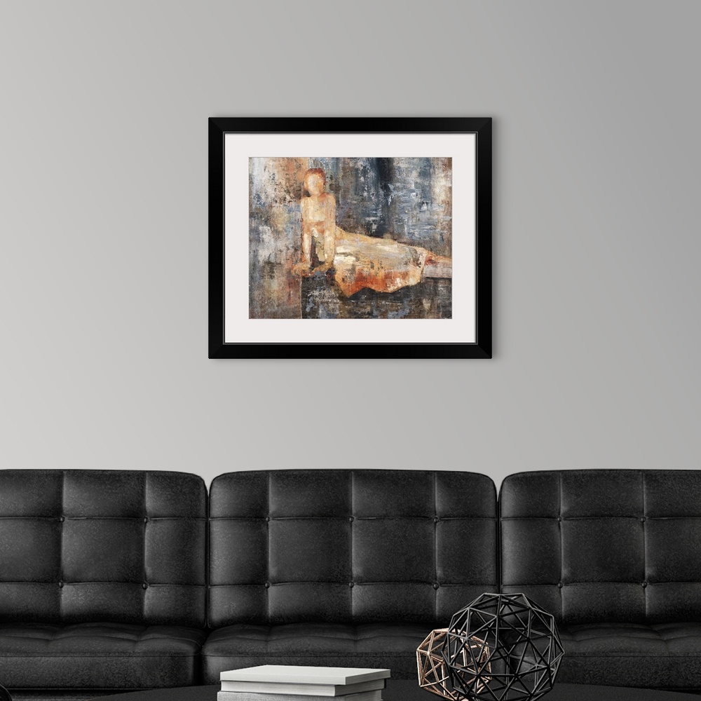 A modern room featuring Contemporary abstract painting using earthy tones to create a silhouette of a woman laying on her...