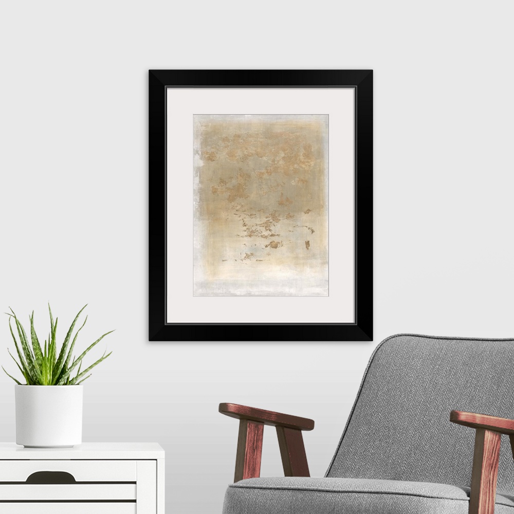 A modern room featuring Soft abstract painting with a white boarder and a faint gold rectangle in the center with darker ...