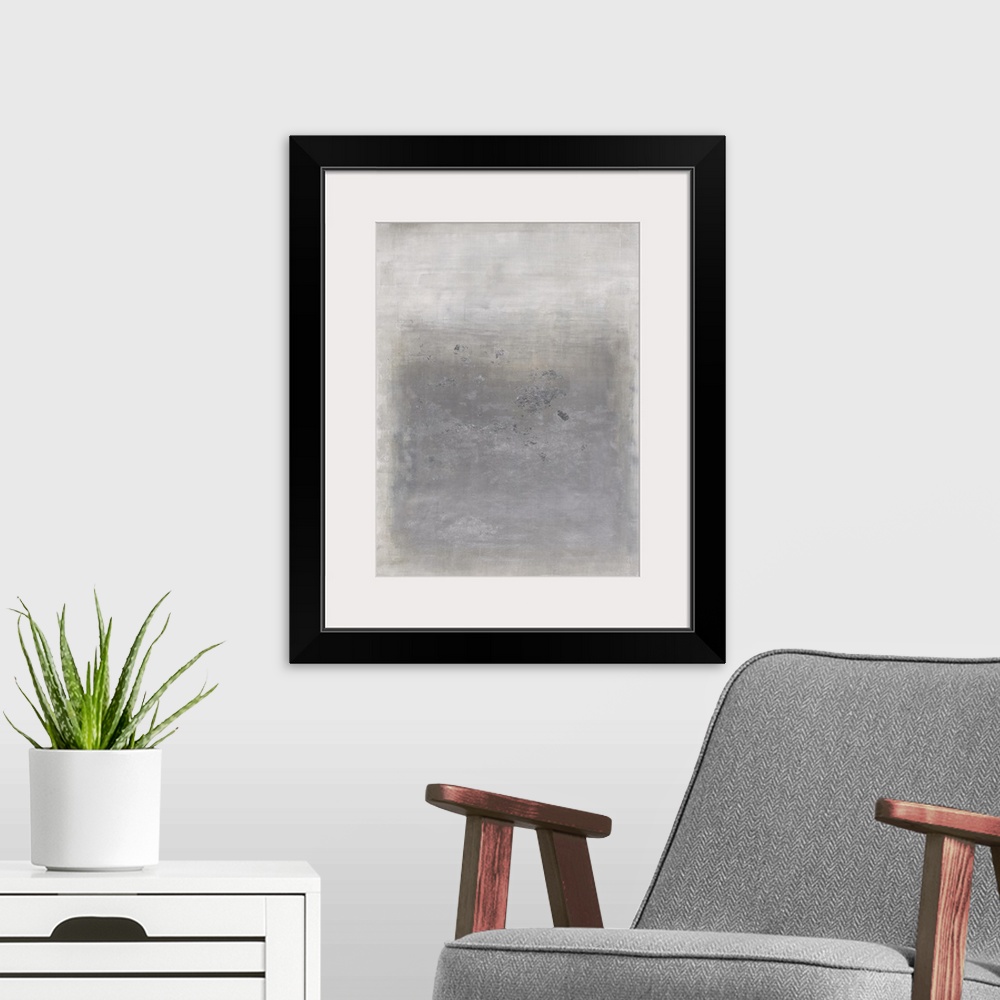 A modern room featuring Soft abstract painting with a white boarder and a faint silver rectangle in the center with shini...