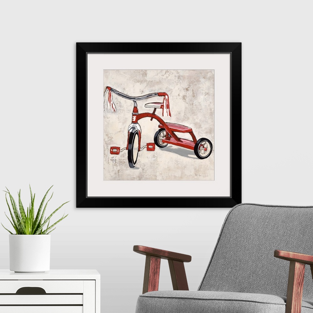 A modern room featuring Contemporary painting of a bright red tricycle.