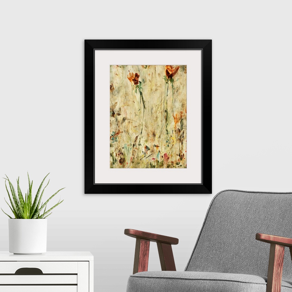 A modern room featuring Contemporary abstract painting of colorful flowers with grungy and dirty background.