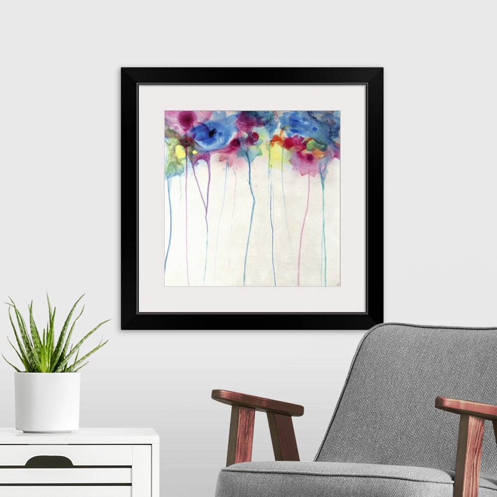 A modern room featuring Vibrant, colorful flowers with long stems, in a faded watercolor style.