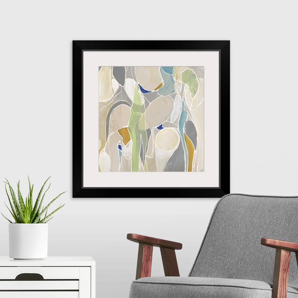 A modern room featuring Abstract painting of rounded shapes and sections of various soft tones divided by thin white line...