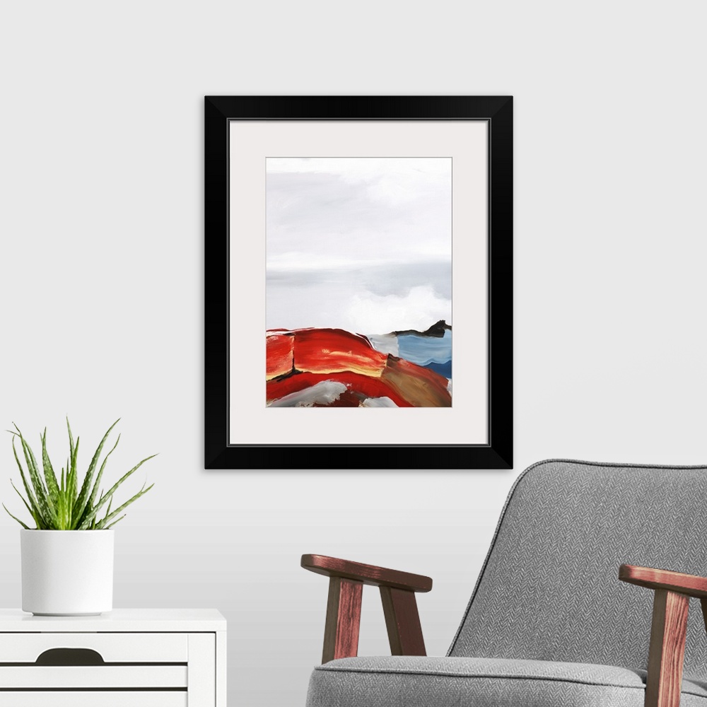 A modern room featuring Contemporary abstract painting with deep red and blue, with pale white above, resembling clouds o...