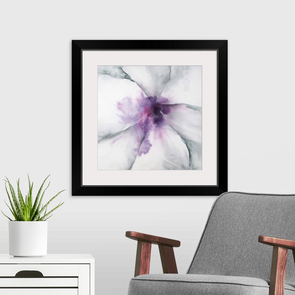A modern room featuring A contemporary abstract painting of an extreme close-up of a gray toned flower with a soft purple...