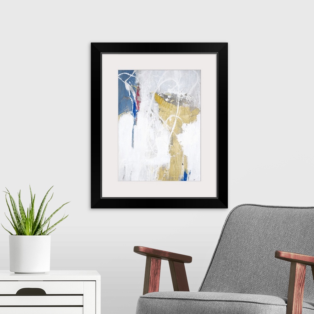 A modern room featuring Contemporary abstract painting with pastel pink, yellow, and blue with white splatter and lines t...