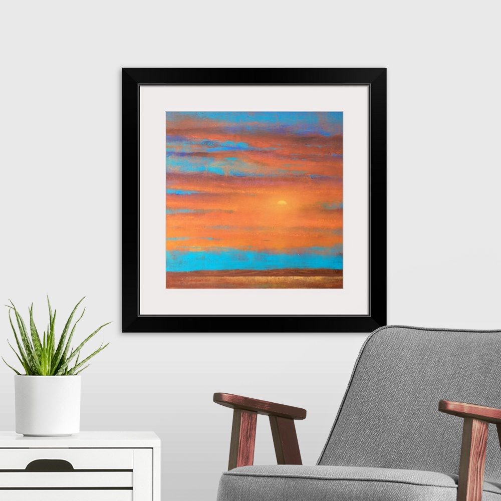 A modern room featuring A piece of contemporary artwork that is of a sunset with orange clouds painted on top of a bright...