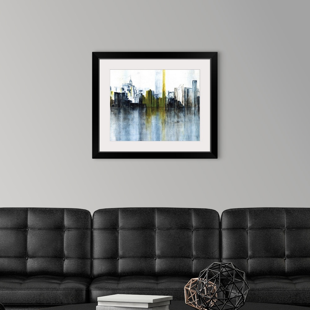 A modern room featuring Contemporary abstract painting using dark colors to convey a city skyline.